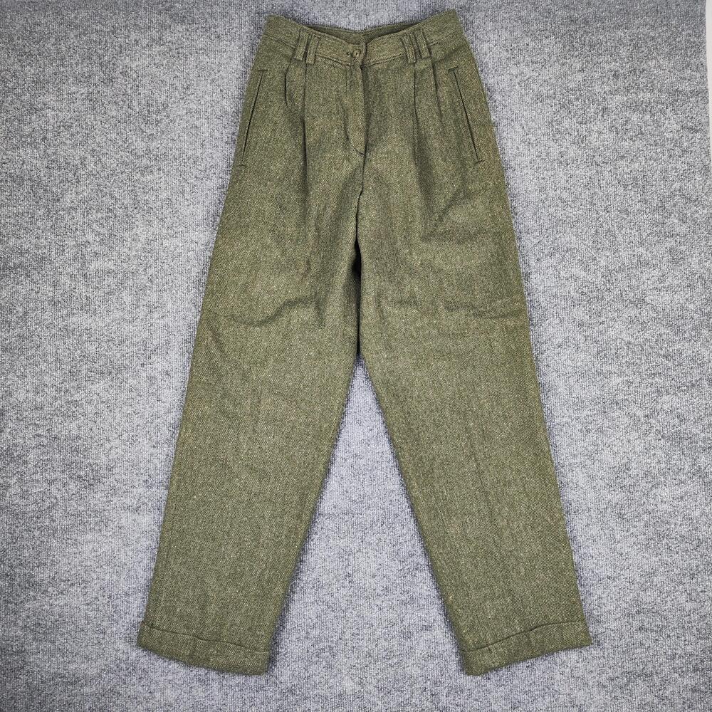 Woolrich Pants Womens 6 Green Tweed Herringbone Pleated Lined Dress Workwear